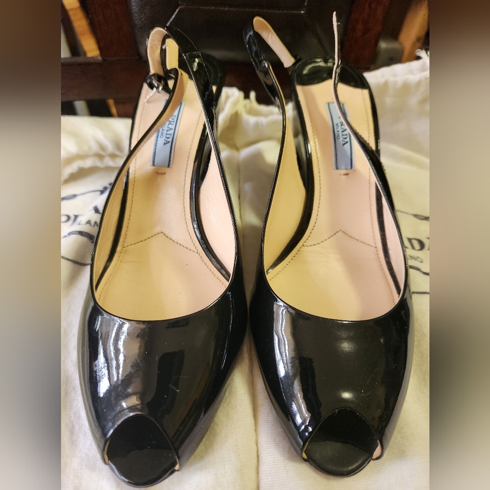 Prada black patent Sling back heels